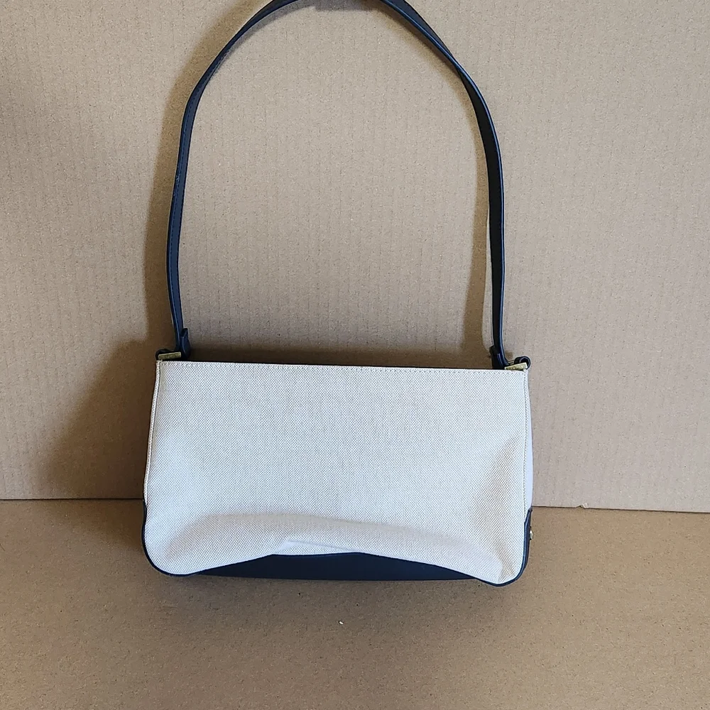 Etienne Aigner Tan/ Navy Faux Leather Accent Canvas Bag